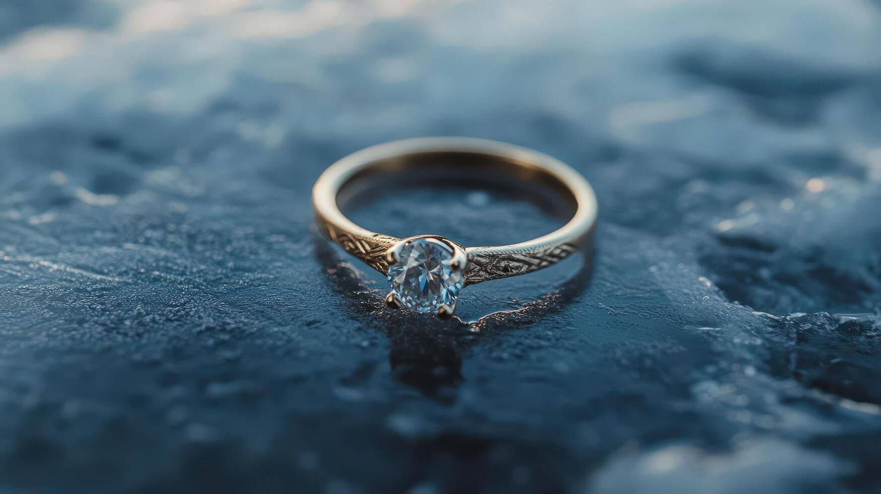 A gold engagement ring on top of a frozen lake photo