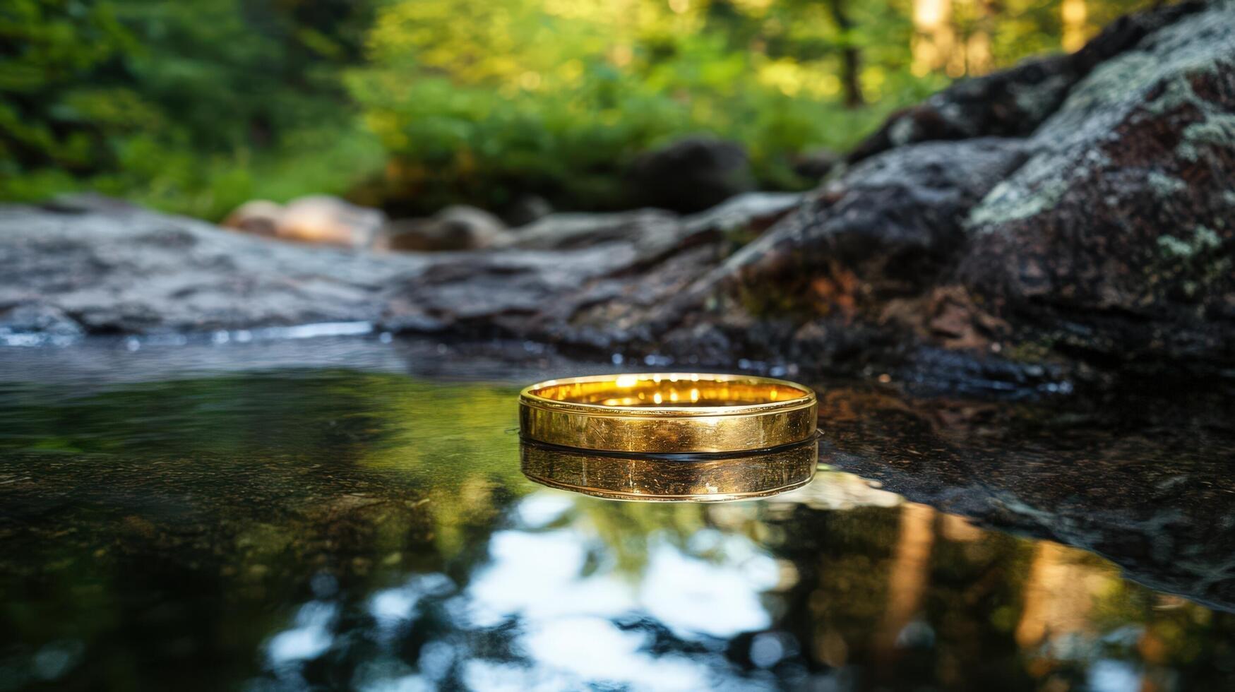 A gold ring sits on the edge of a stream photo