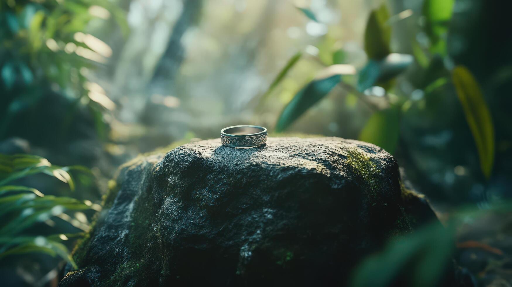 An image of a ring sitting on a rock in the forest photo