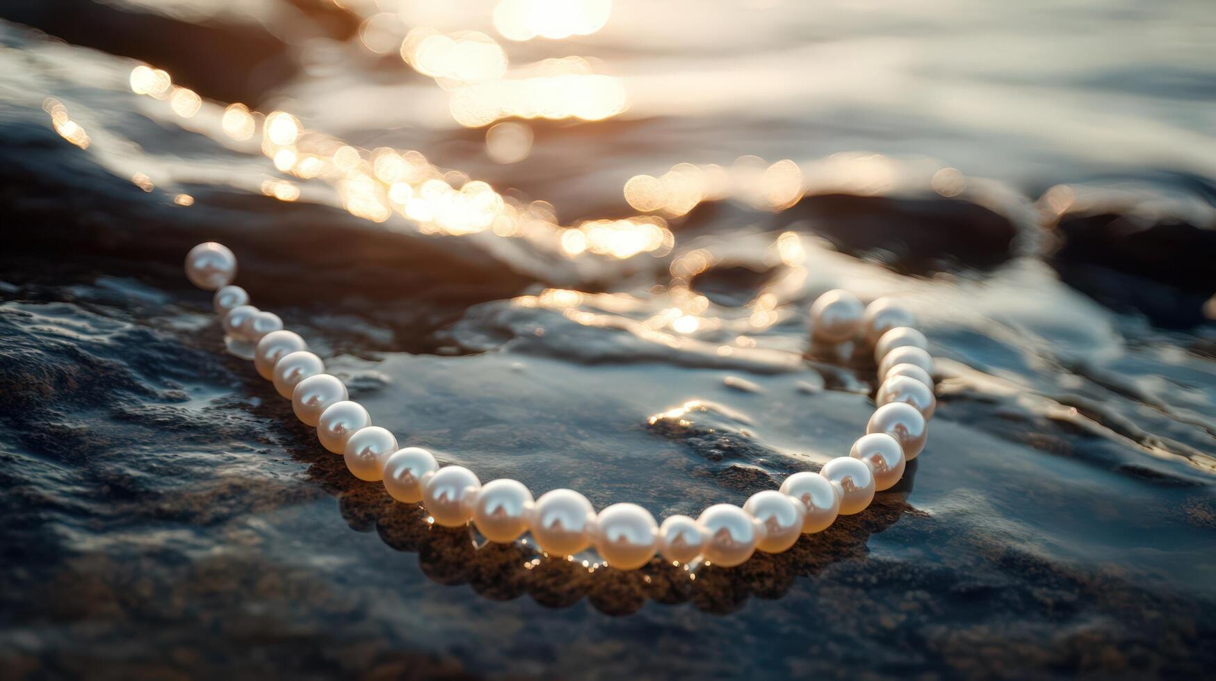 A pearl necklace laying on the rocks photo