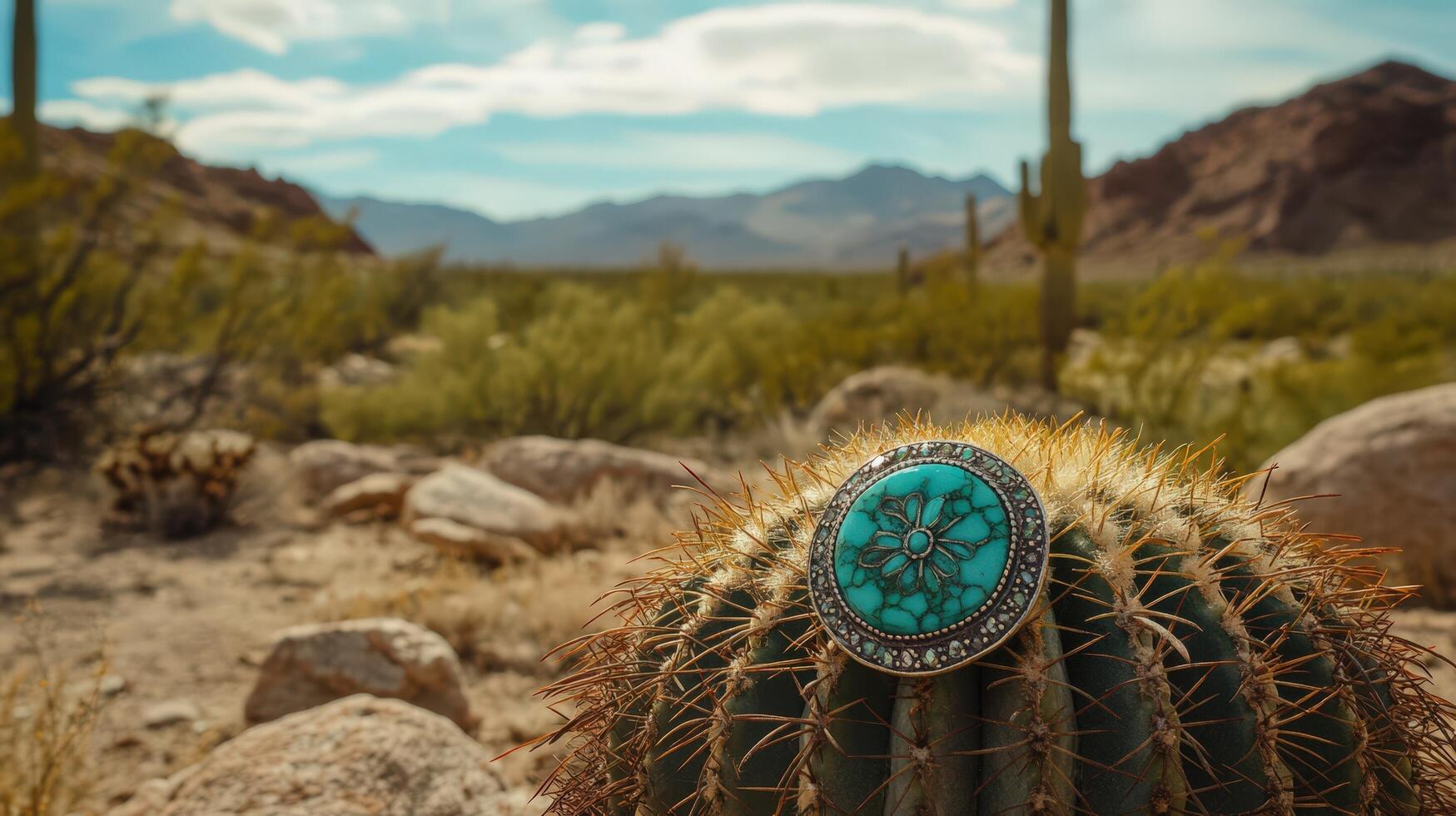A turquoise ring sitting on top of a cactus photo