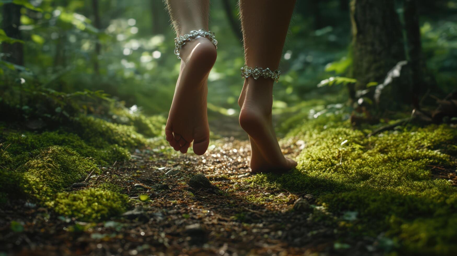 A woman's bare feet walking through a forest photo