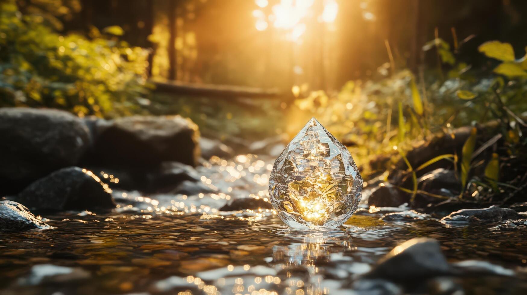 A water drop in the stream with sunlight shining through it photo