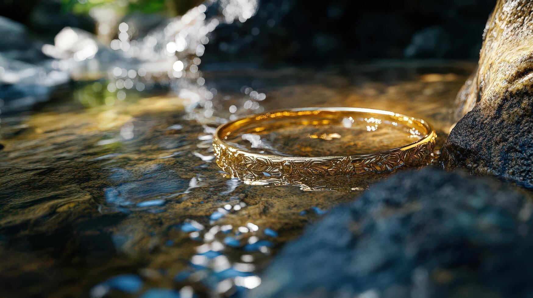 A gold ring is sitting in water on a rock photo