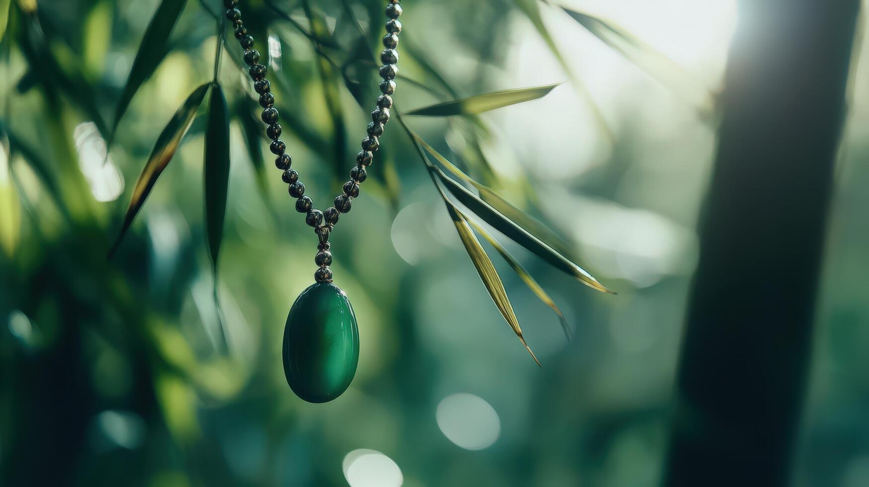 A green stone is hanging from a chain photo