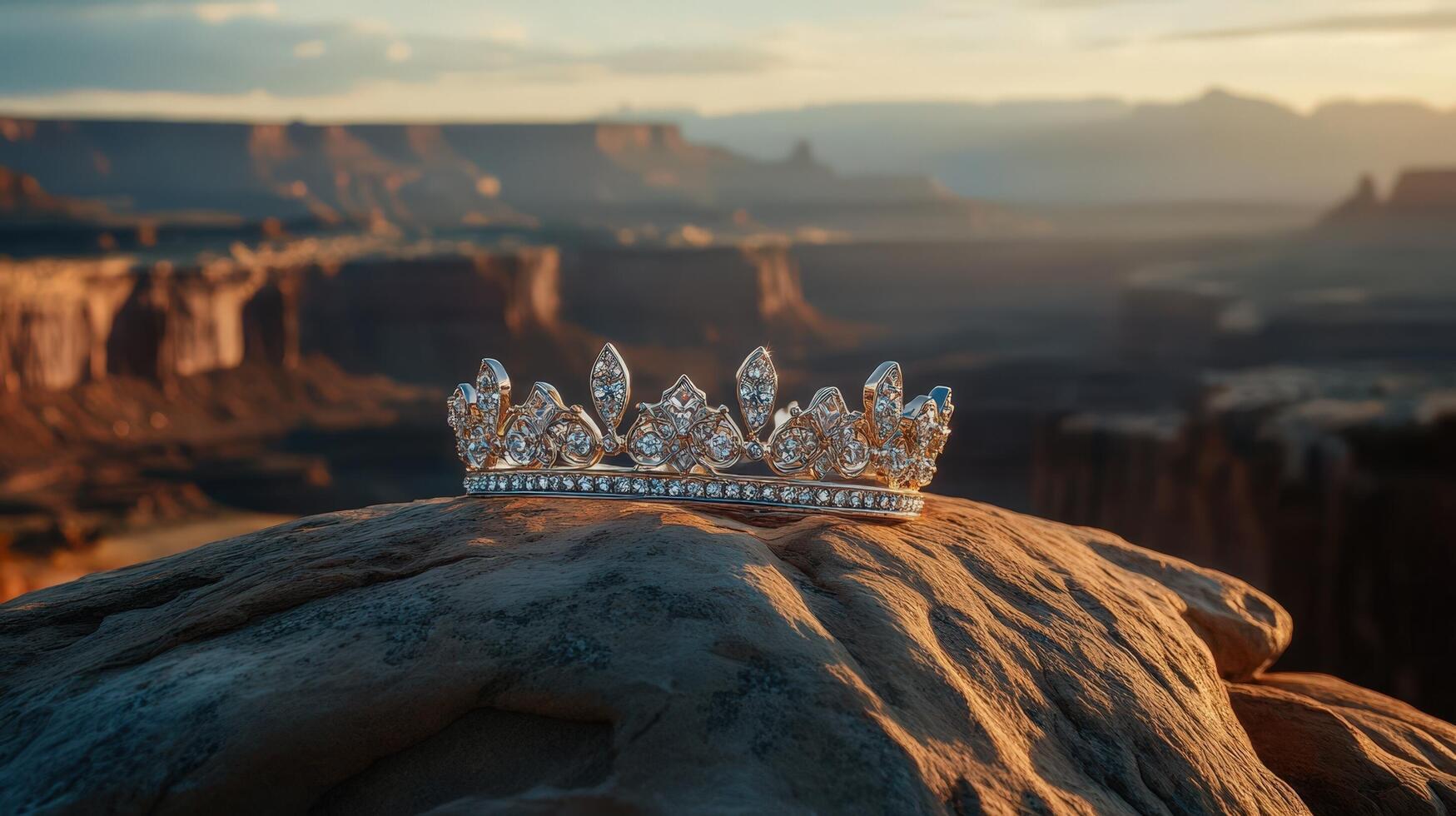 A diamond crown sits on top of a rock photo