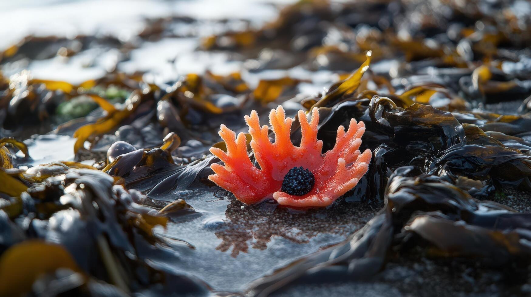 A red flower sits on the beach covered in seaweed photo