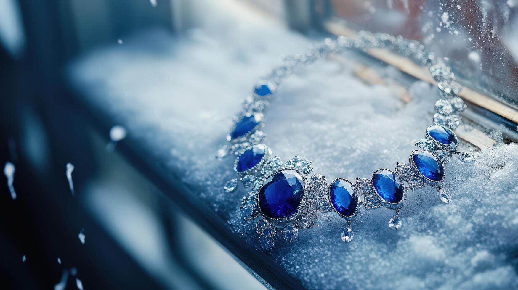 A blue necklace is sitting on a window sill photo