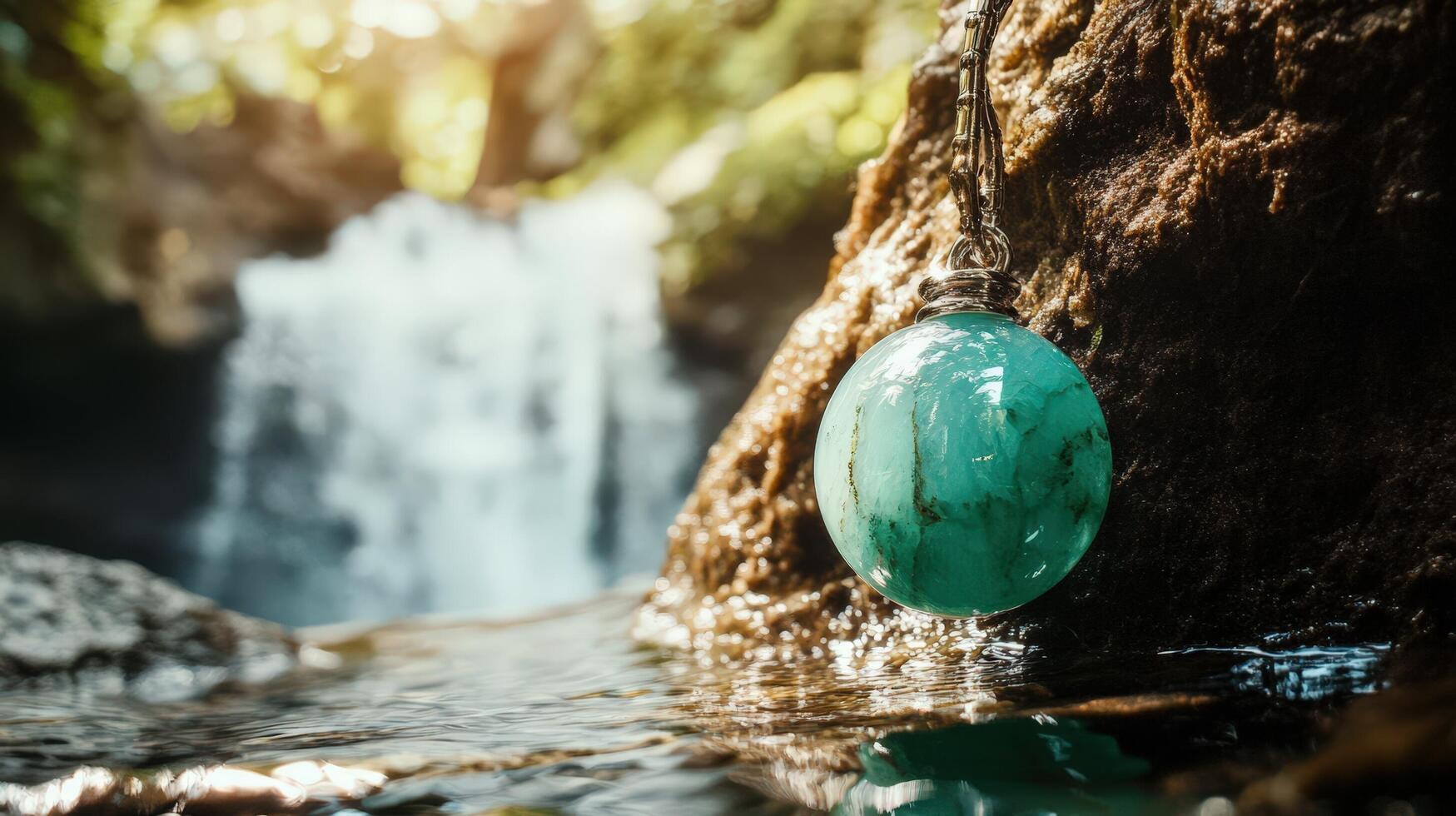 A turquoise stone is sitting on a rock near a waterfall photo