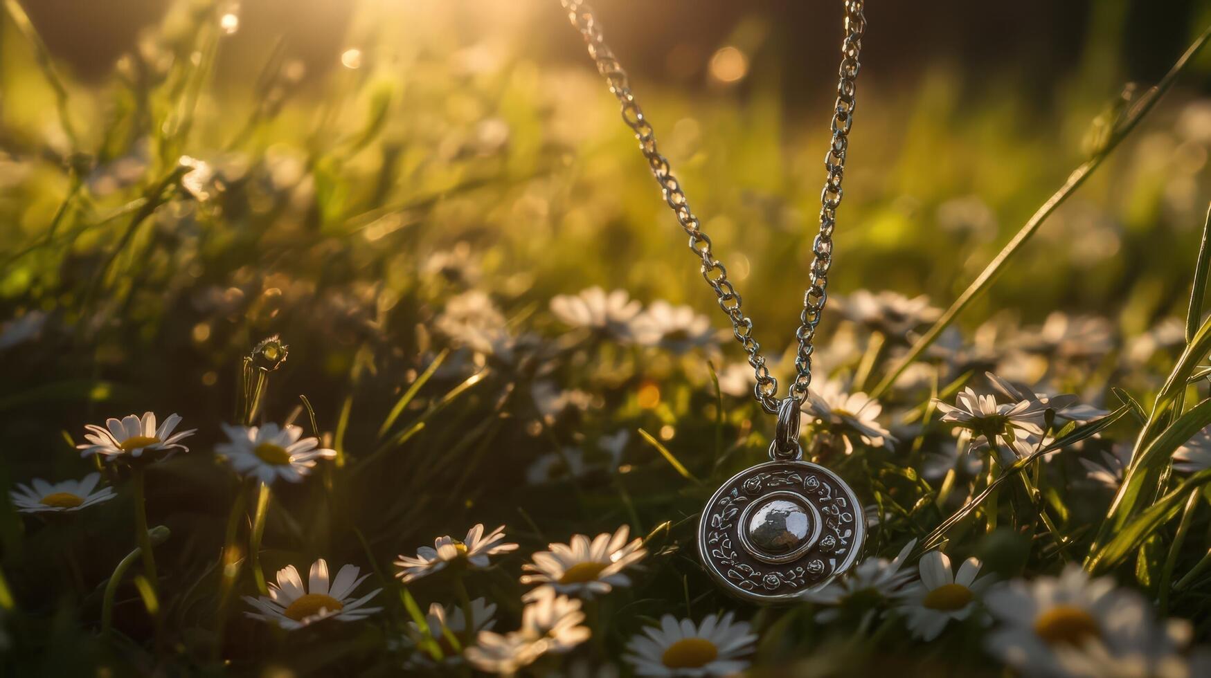 A necklace with a sunburst on it sits in a field of daisies photo