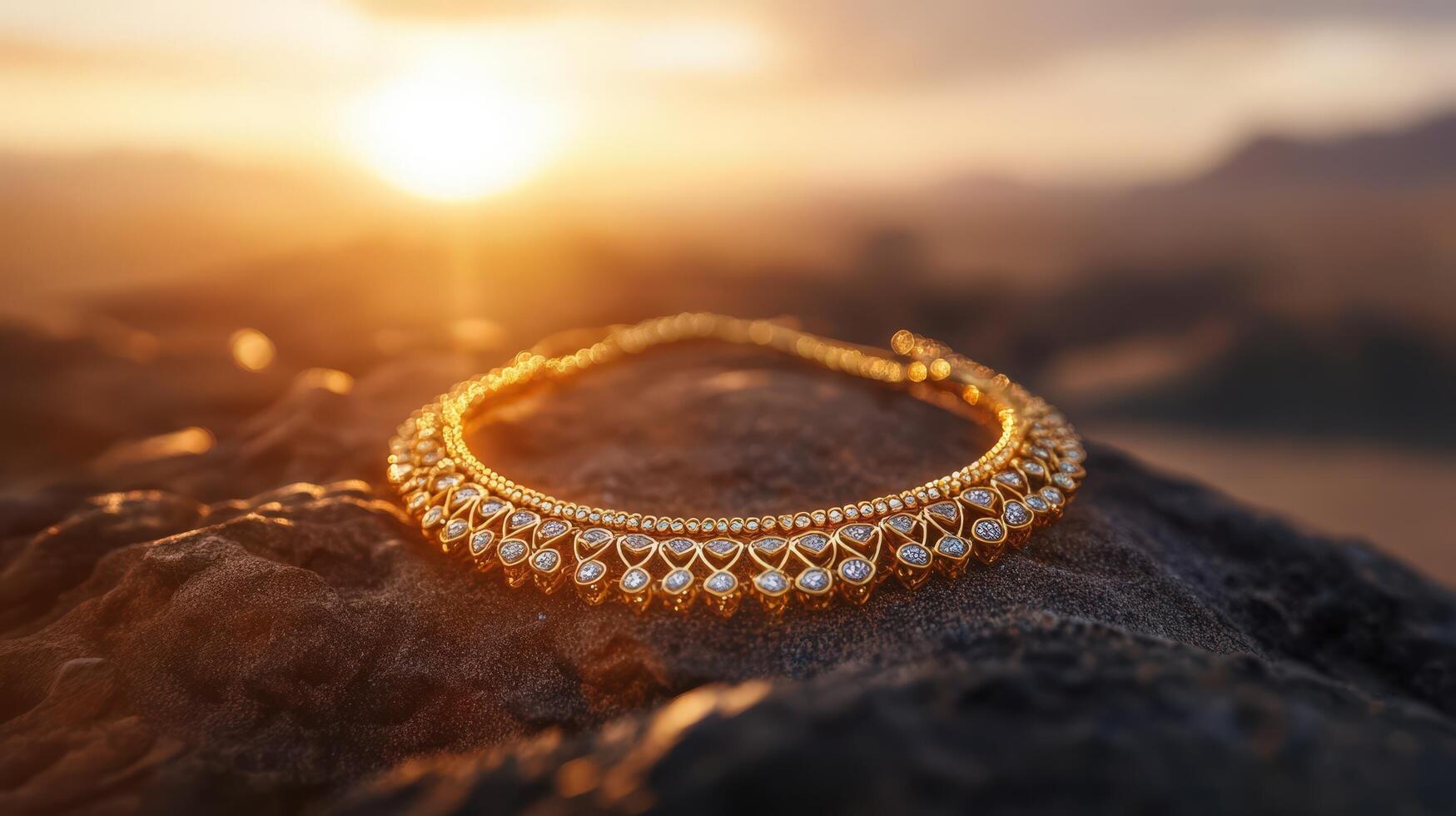 Golden bracelet on rock with sunset in background photo