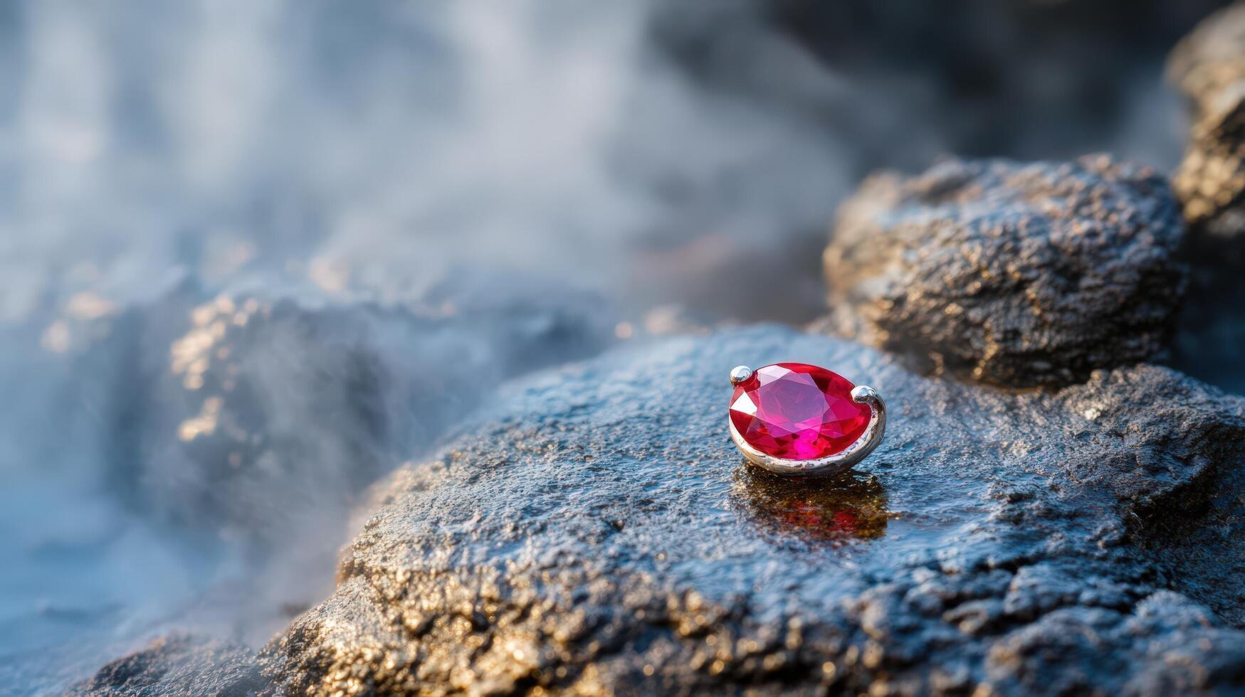 A red stone is sitting on top of a rock photo