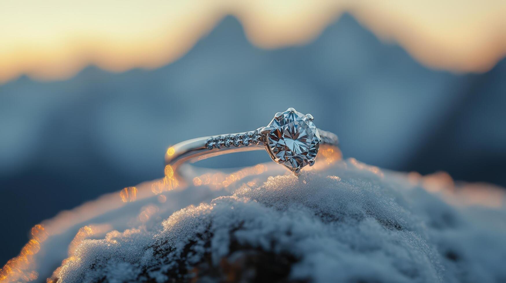An engagement ring sits on top of a mountain photo