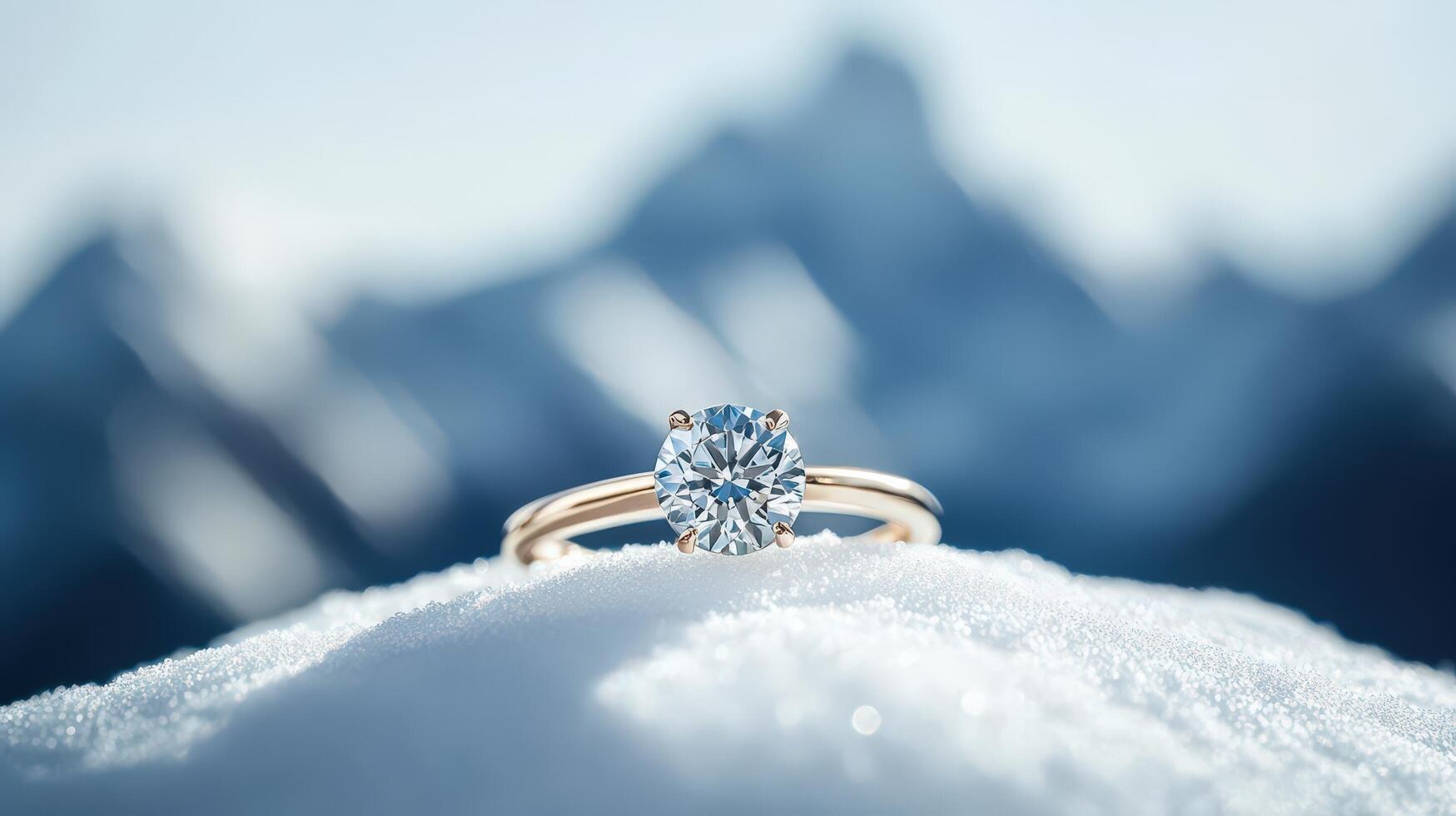 A diamond engagement ring sitting on top of snow photo