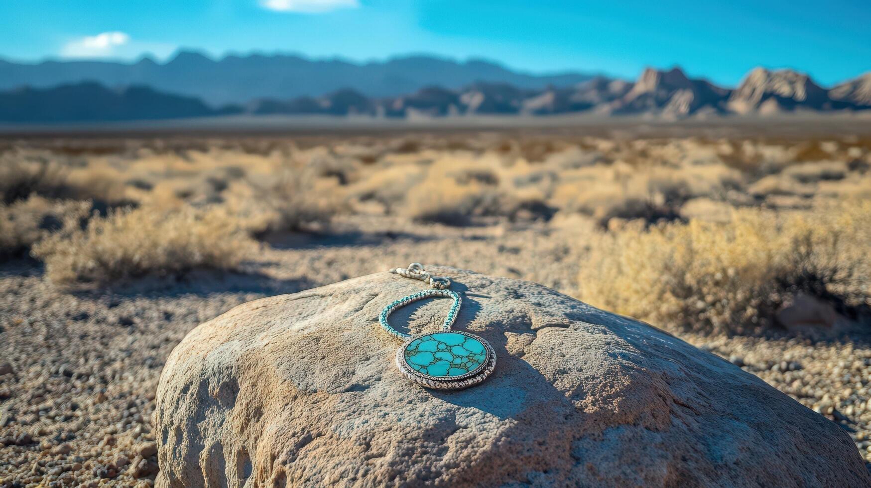 A turquoise pendant sits on a rock in the desert photo