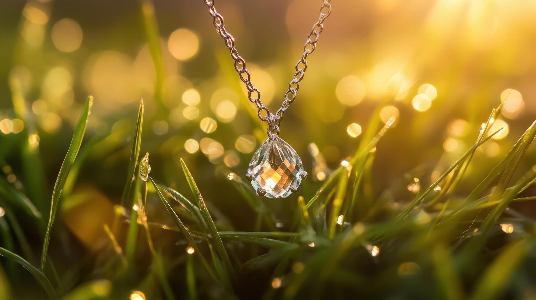 A necklace with a clear crystal on it in the grass photo