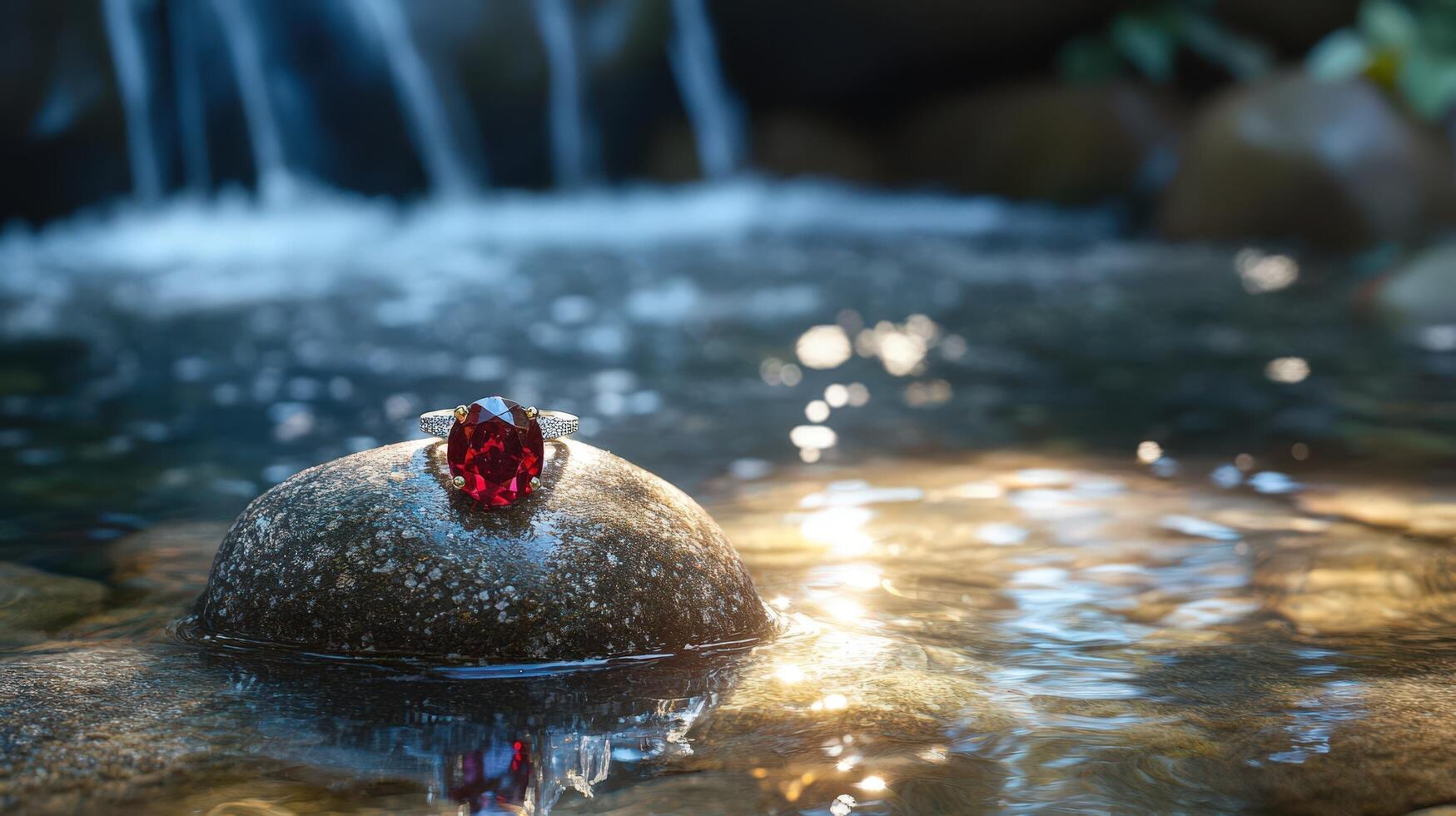 A red ring sitting on a rock in a stream photo