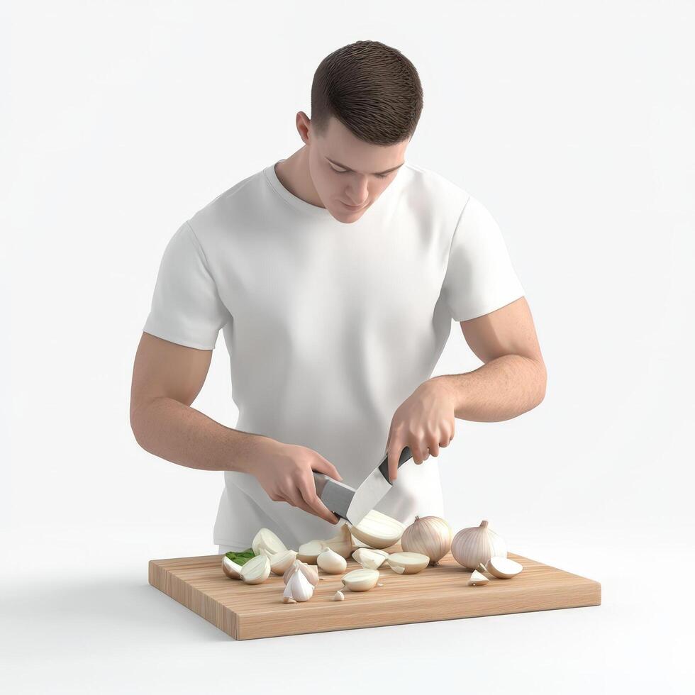 A man is chopping up garlic on a cutting board photo