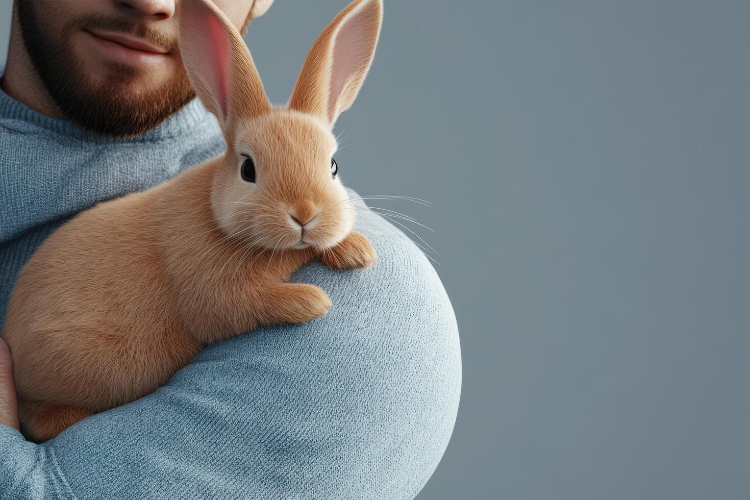 Man Gently Holds a Small Fluffy Brown Rabbit photo