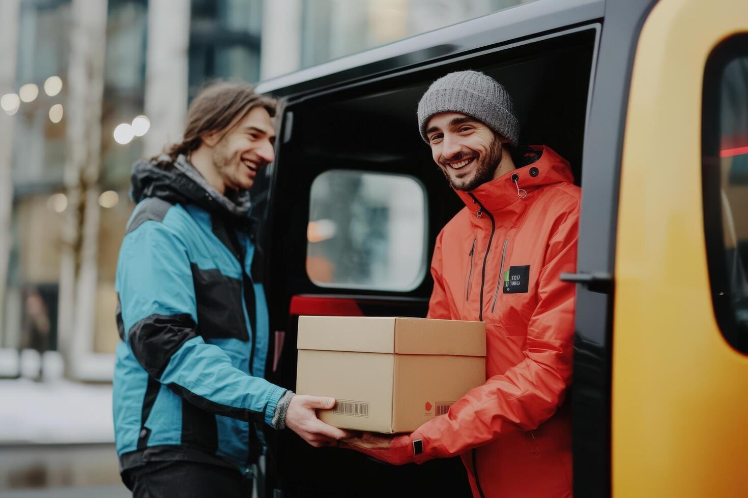 Delivery man receives package from courier outside urban building photo