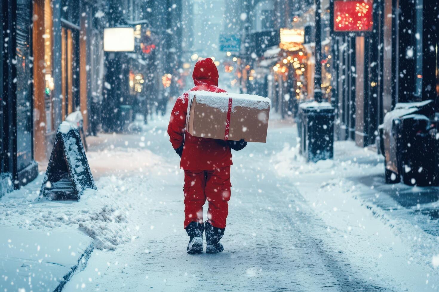 Delivery Person Walking Through Snowy City Street photo