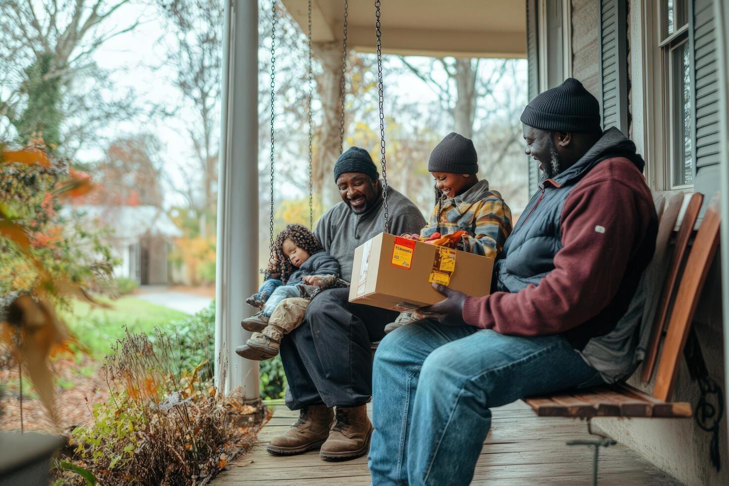 Family on porch swing receiving package together happily photo