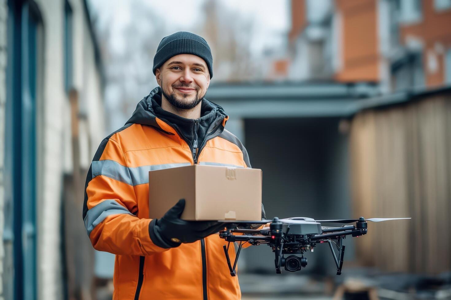 Delivery Worker Holding Package and Drone photo