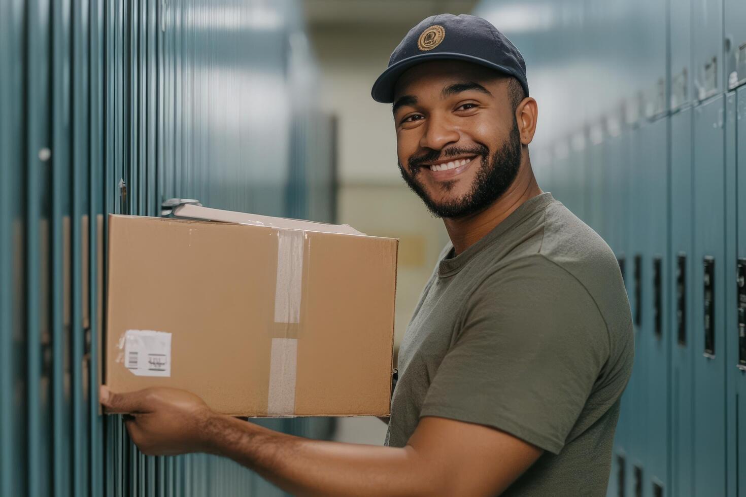 A smiling man holding a box in a locker photo