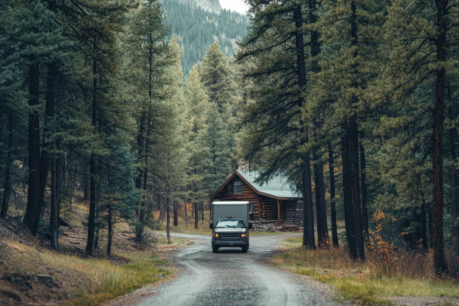 Truck approaches a secluded log cabin in a forest photo