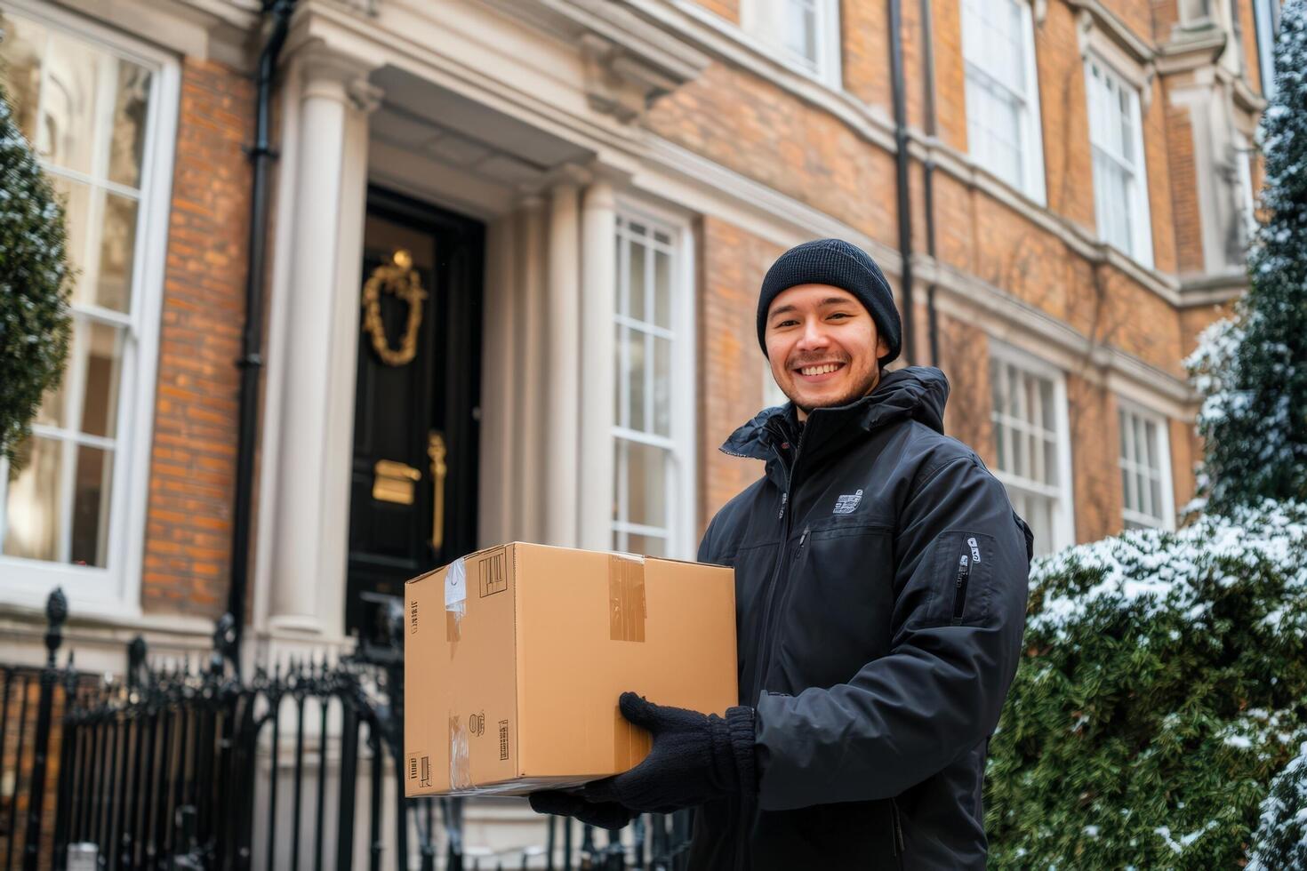 Happy delivery man holding package outside a London house photo
