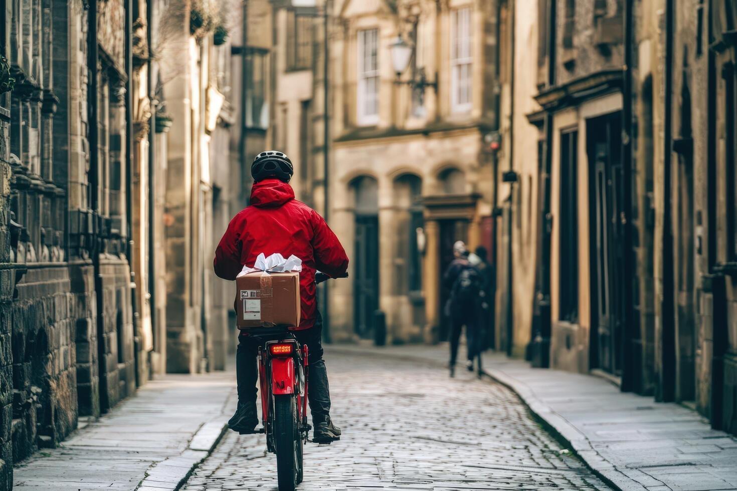 Delivery Cyclist Riding Through Cobblestone Street photo