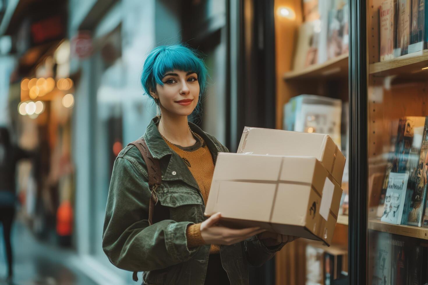 Young Woman With Blue Hair Holds Cardboard Boxes photo