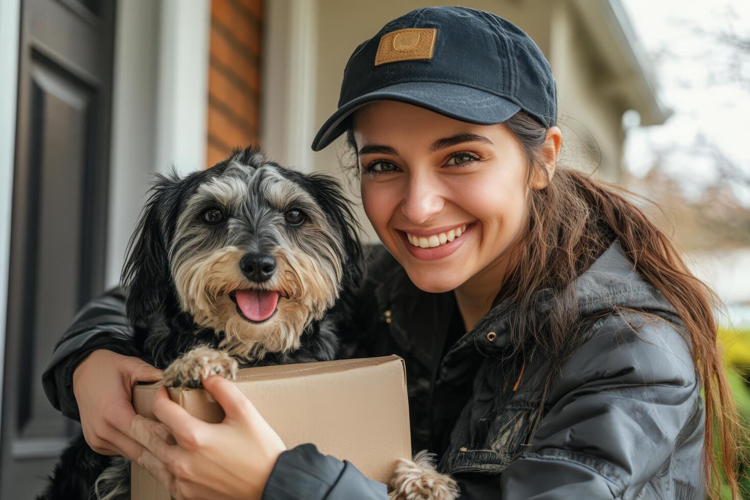 Woman smiling holds dog and package at doorstep photo