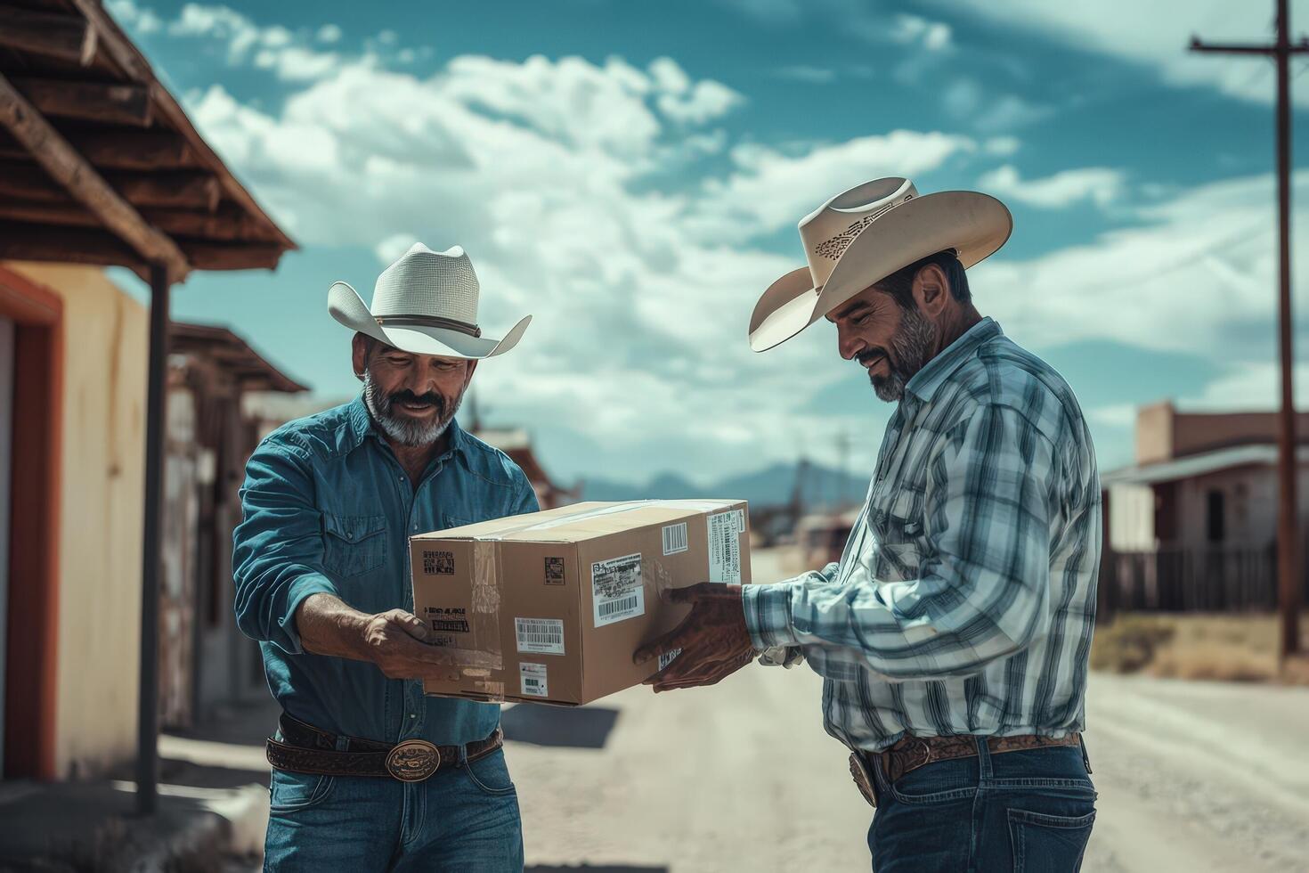 Cowboys exchanging a package in a desert town photo
