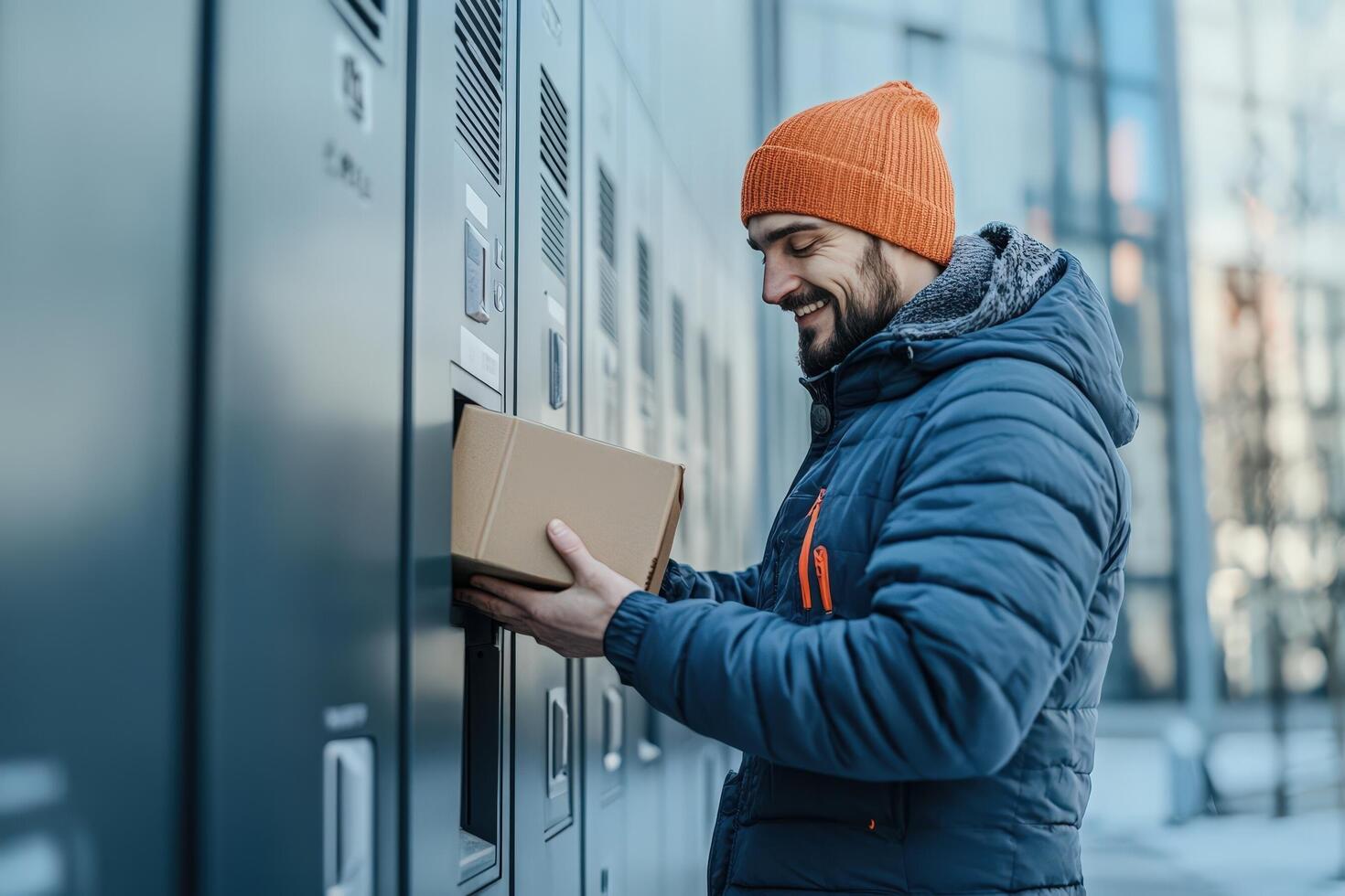 Man placing package into automated locker system photo