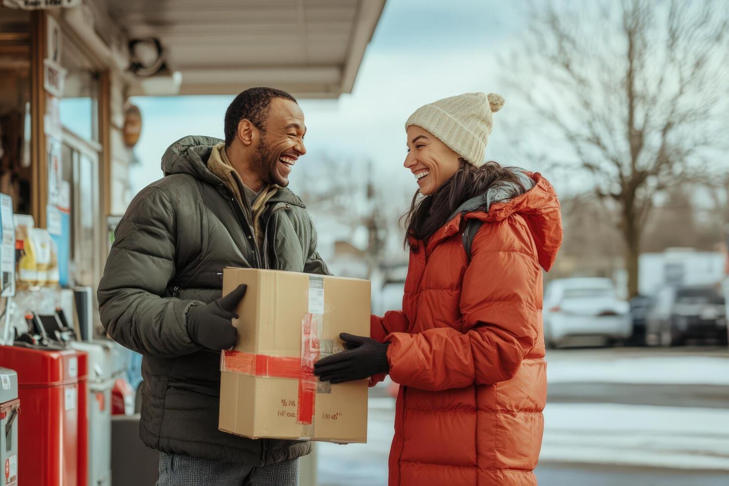 Happy couple exchanging a package outdoors in winter photo