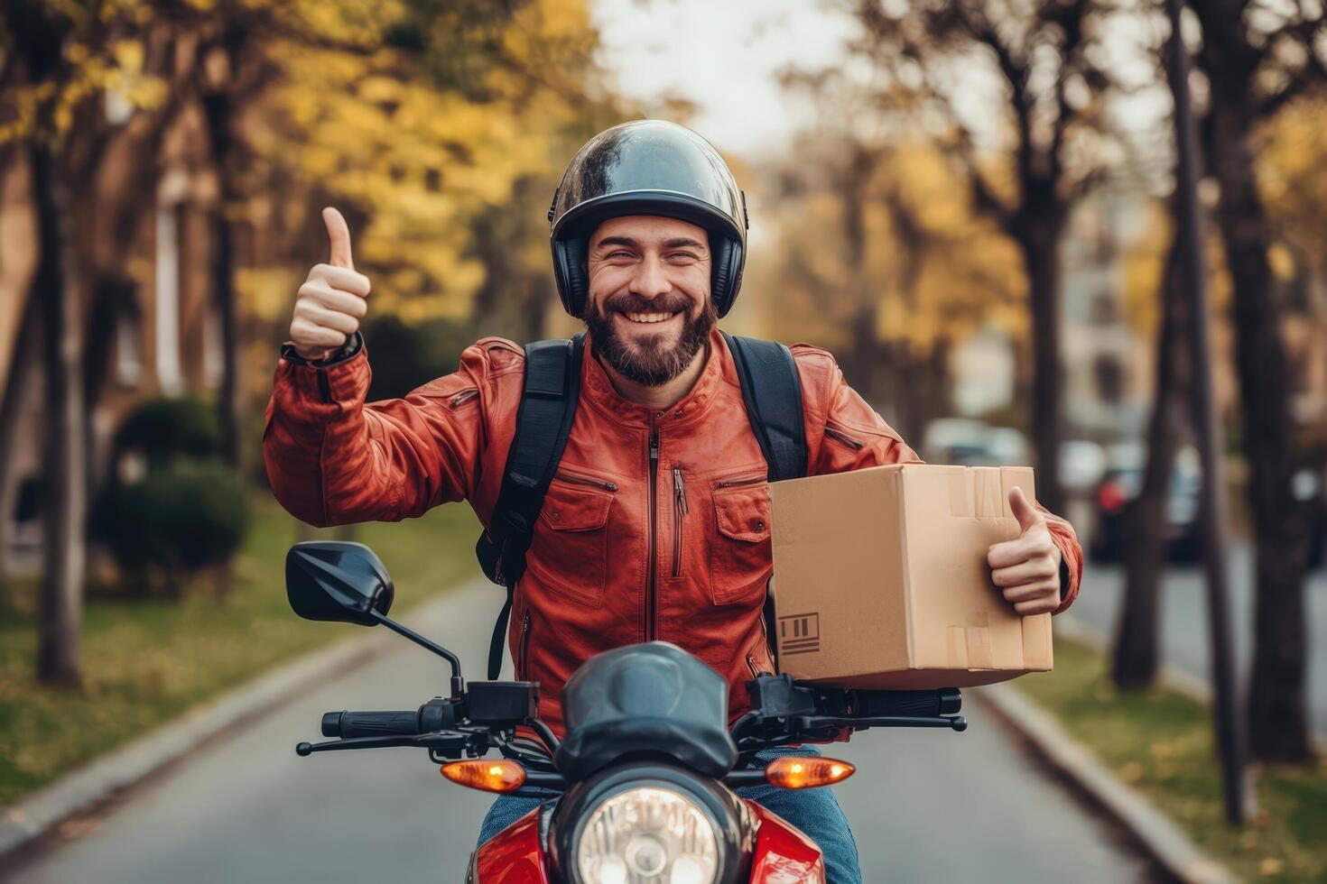 A man on a motorcycle with a box and thumb up photo