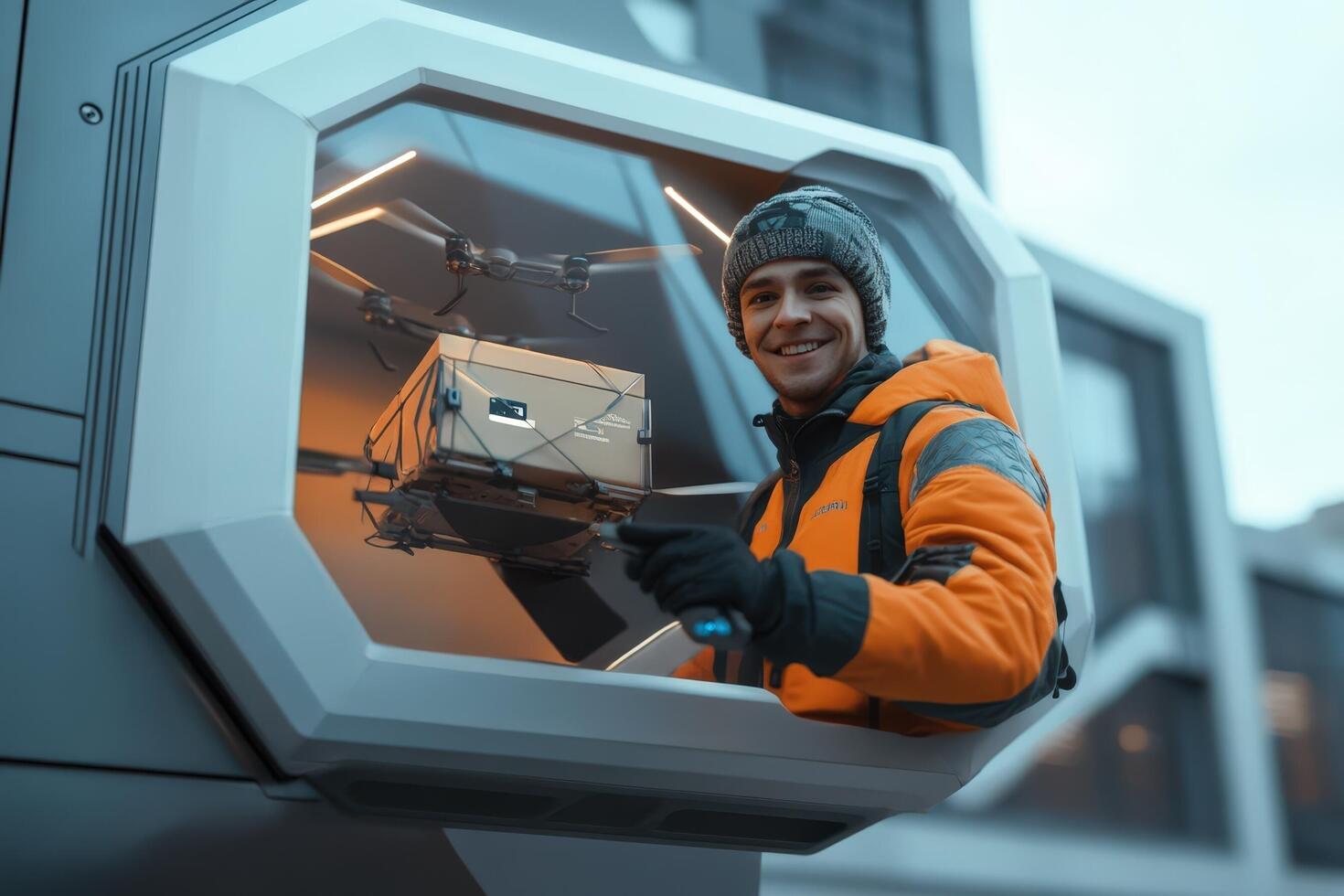 Happy Delivery Person With Drone And Package photo