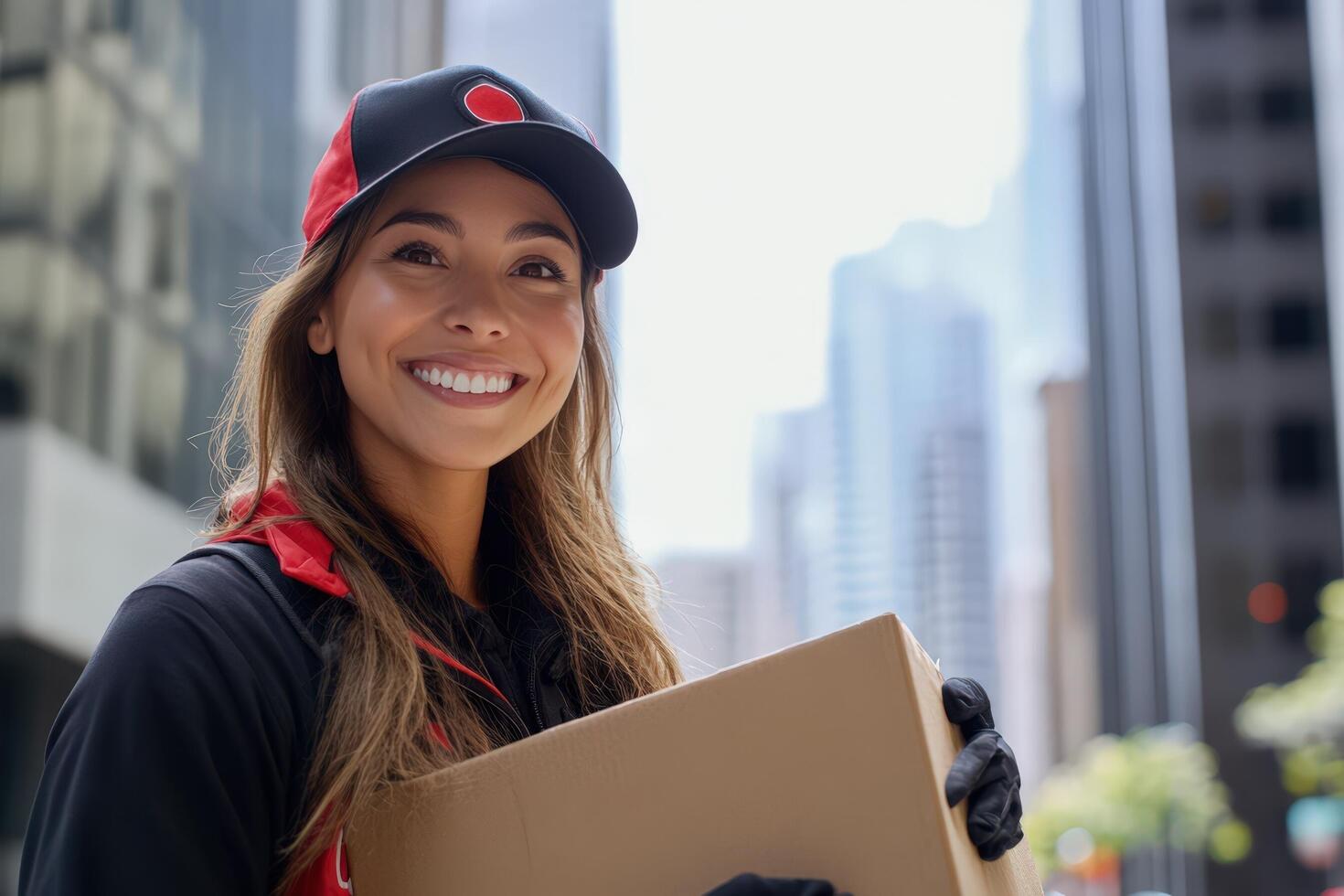 Happy Delivery Woman Holding Package City Background photo