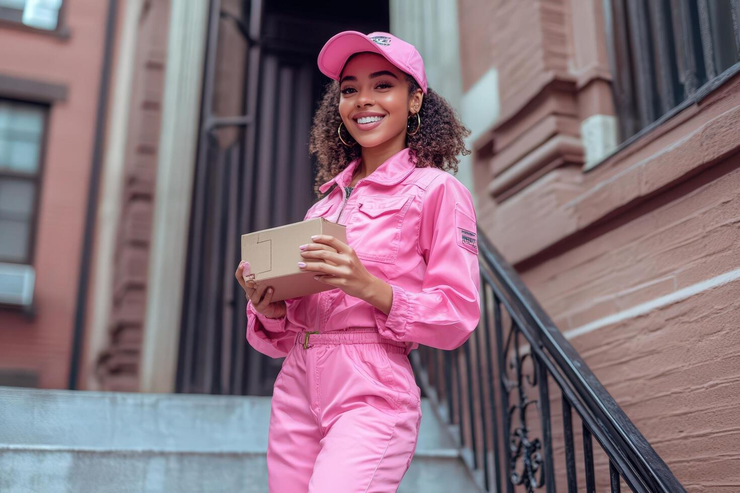Happy young woman in pink holds a package outside photo