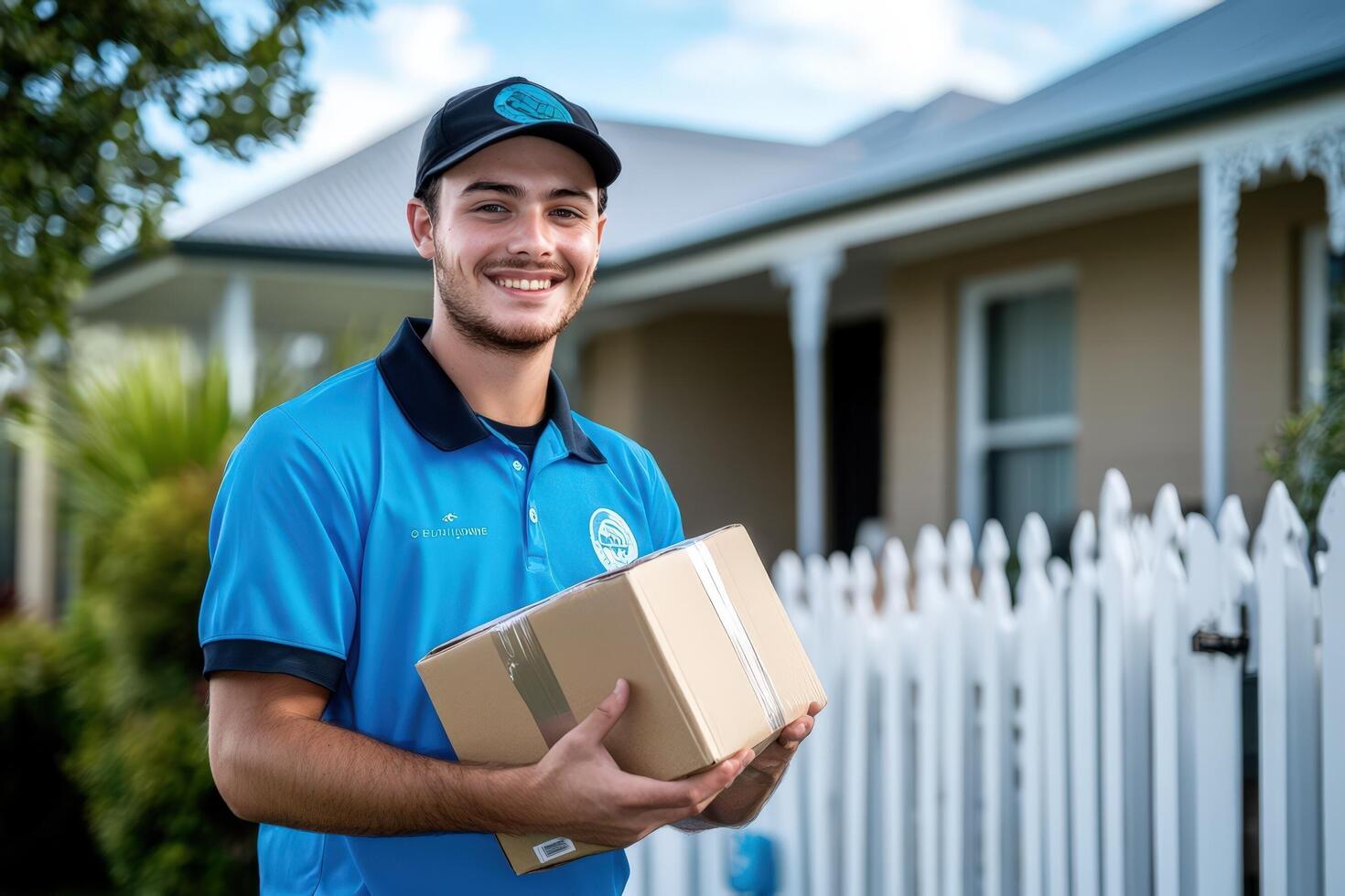 A man in blue shirt holding a box photo