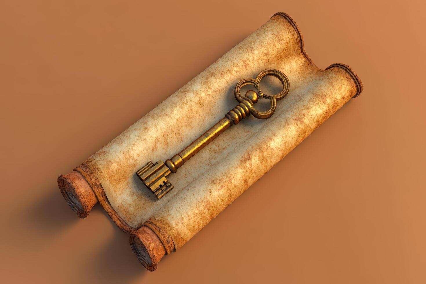 An old key is sitting on top of a scroll photo
