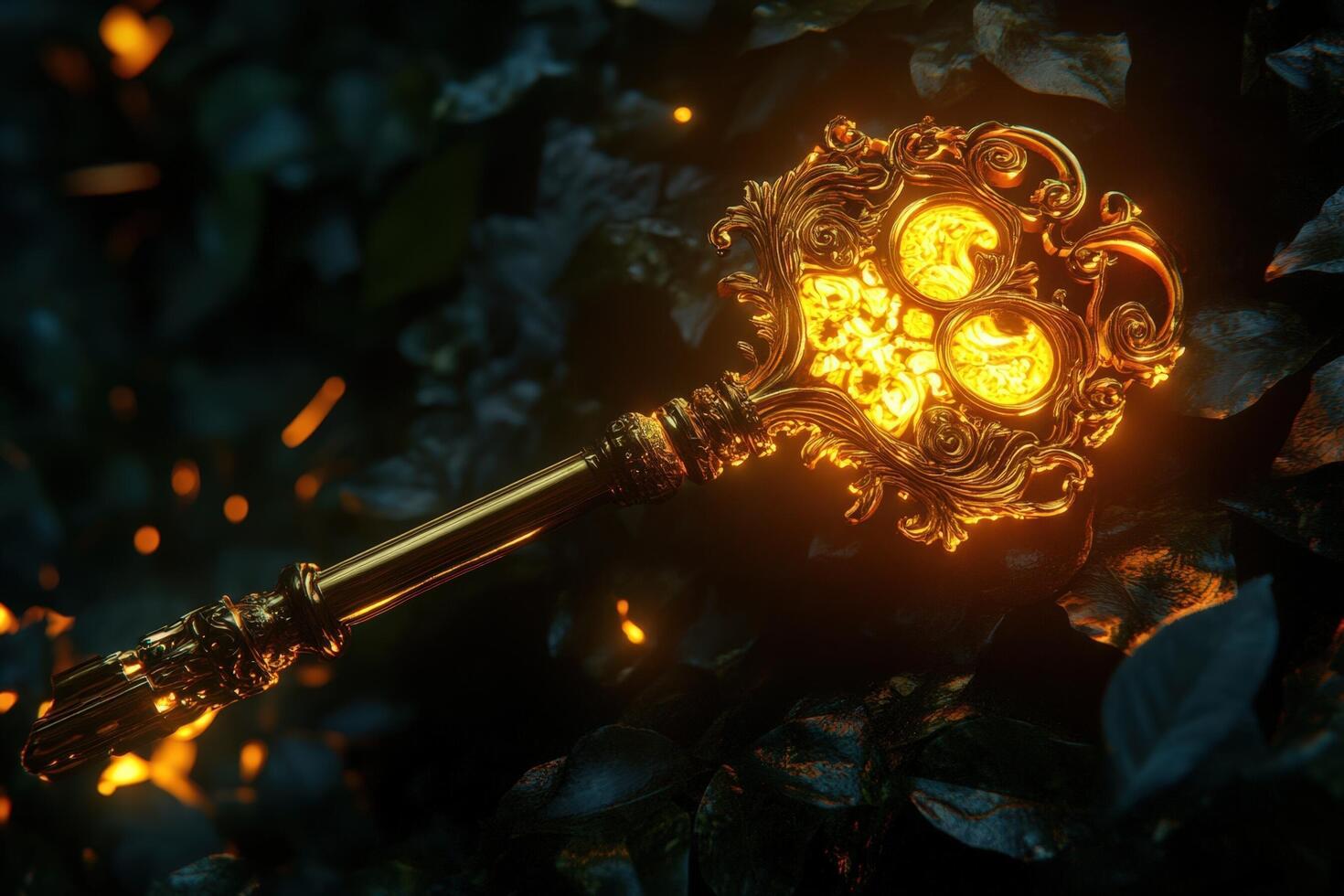 A golden key with glowing lights on it photo