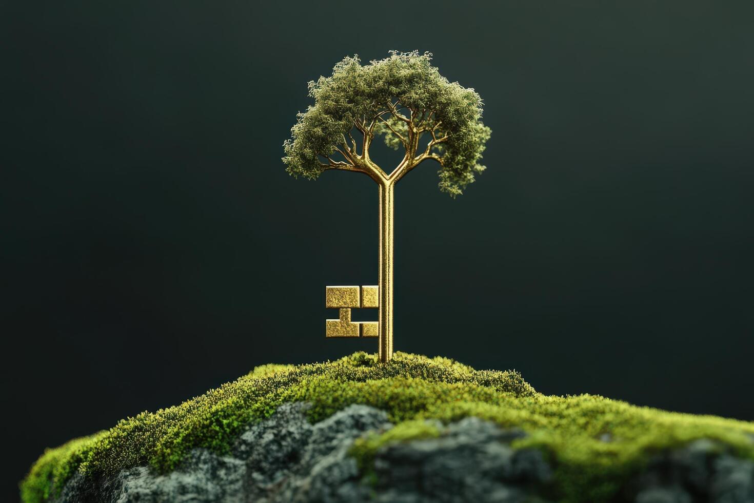 A key shaped like a tree is sitting on top of a rock photo