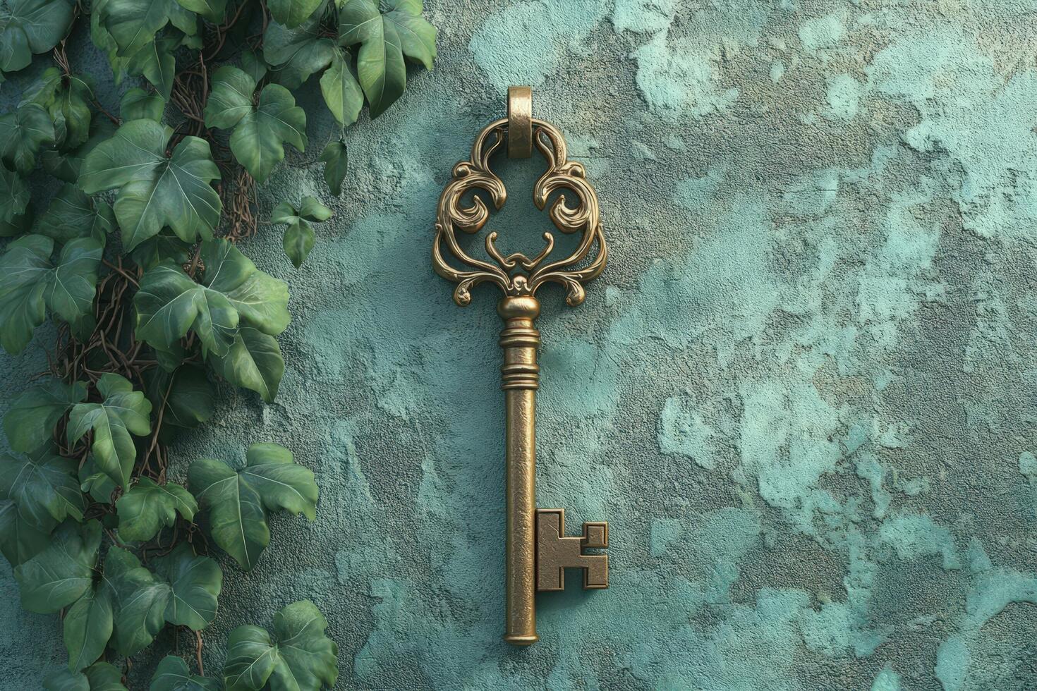 An old key on a wall with ivy growing around it photo