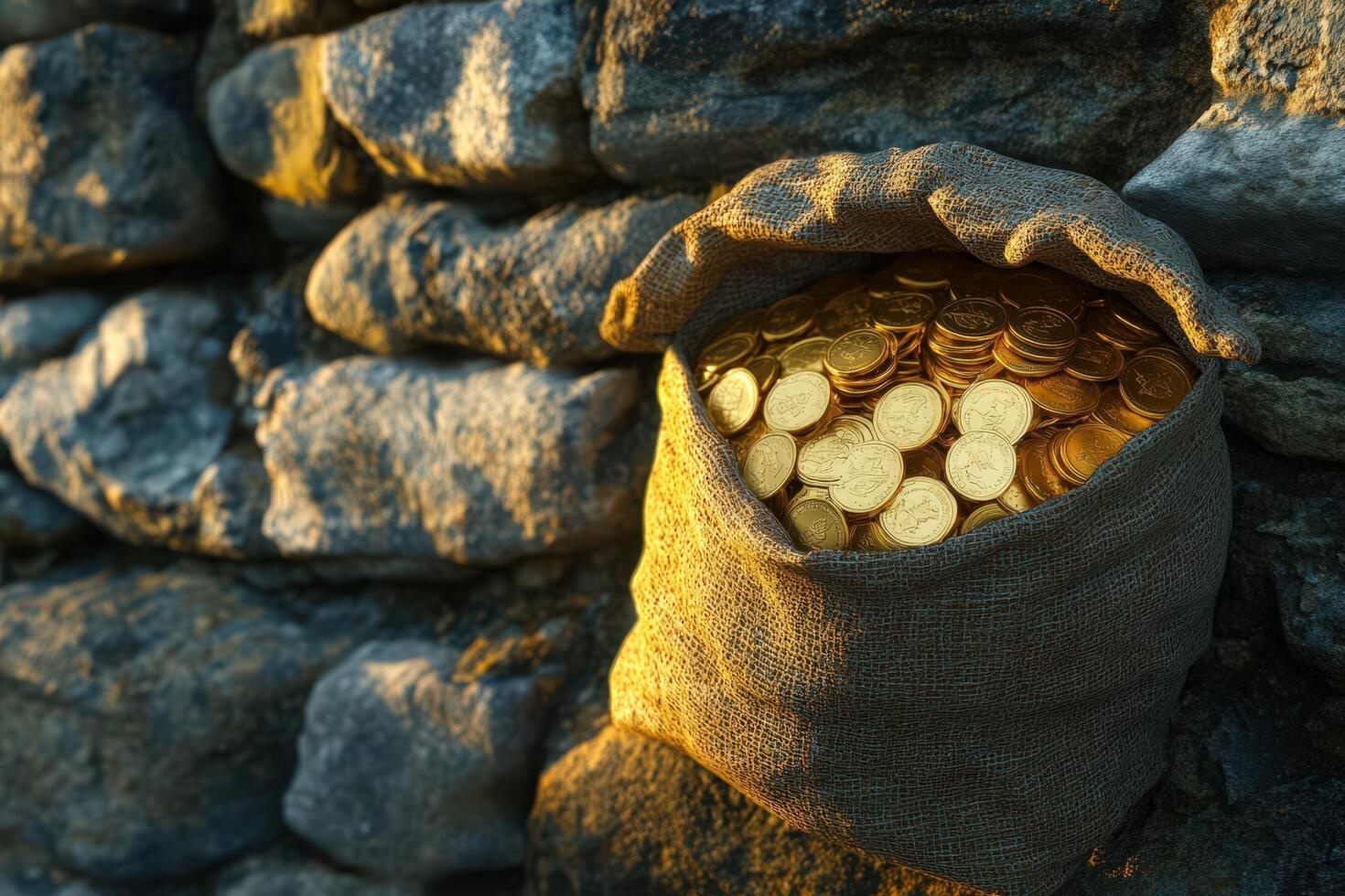 Gold coins in a sack on a stone wall photo