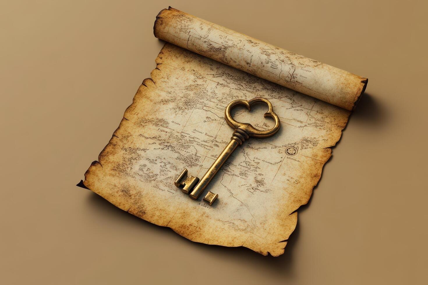 Antique Key Rests on Aged Treasure Map photo
