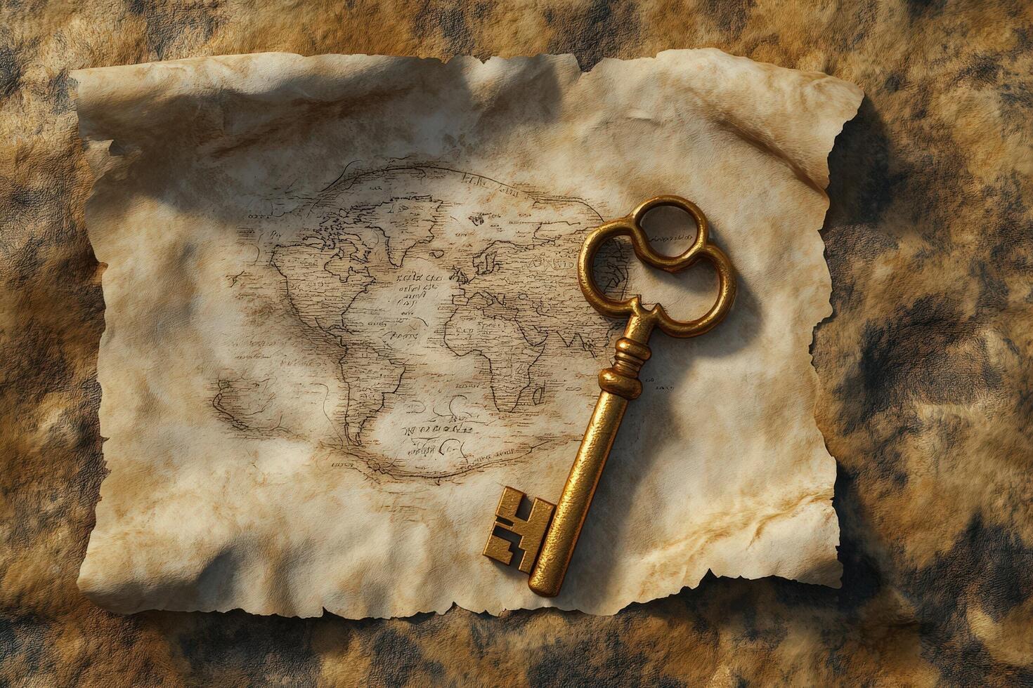Ancient Key Rests Upon a World Map Drawn on Parchment photo