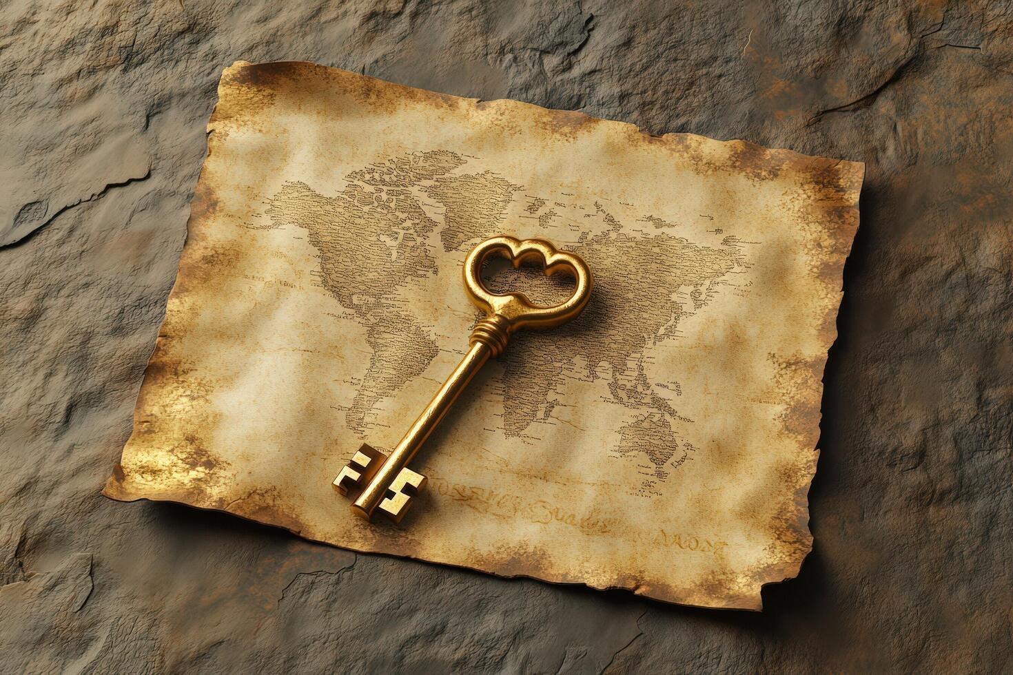 Golden Key Rests Upon Ancient World Map photo
