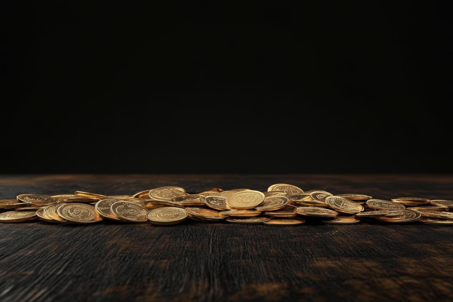 Golden Coins Scattered On Dark Wooden Surface photo